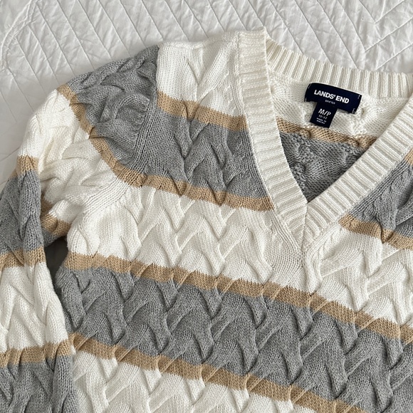 Lands' End Drifter Striped Cable Knit Sweater V-Neck 100% Cotton Medium Petite - Picture 4 of 9